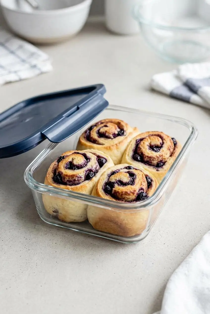 Three unfrosted baked blueberry cinnamon rolls arranged inside a glass food storage container.