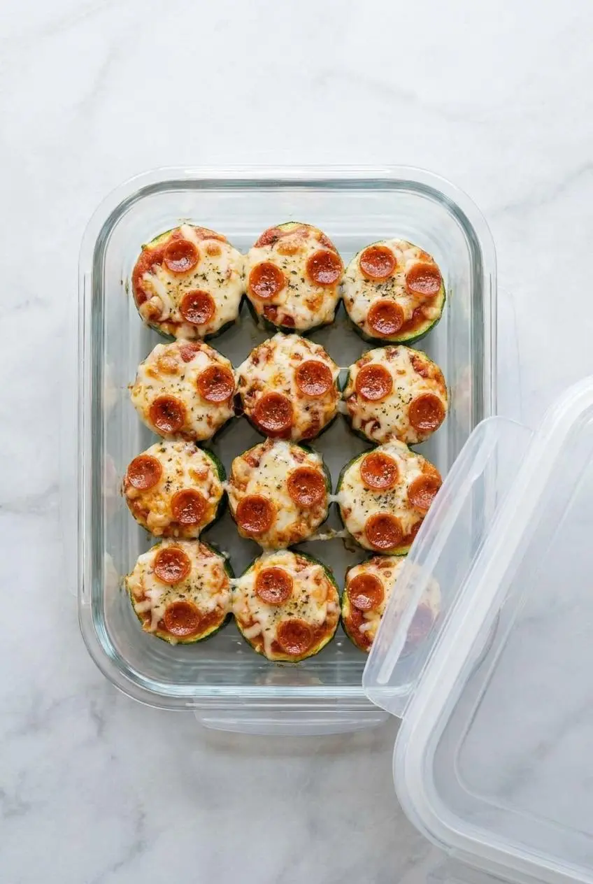 Airtight glass container packed with cooled zucchini pizza bites for refrigerator storage.
