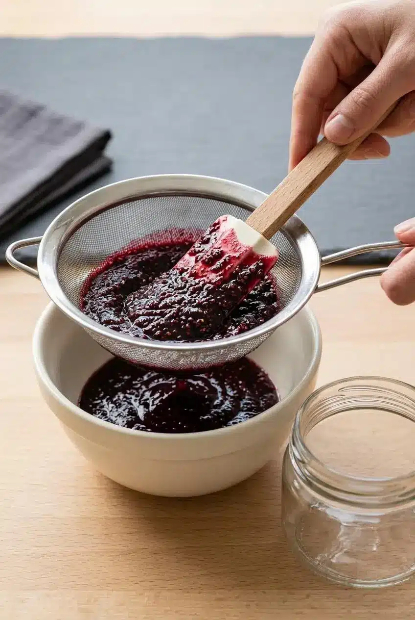A silver metal food mill sitting on a ceramic bowl straining seeds from deep purple blackberry pulp.