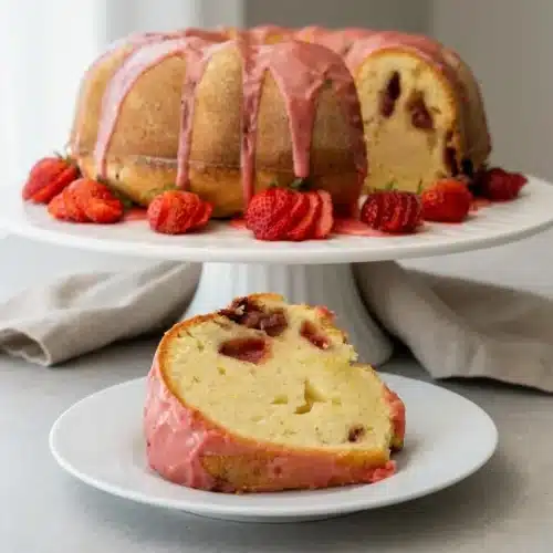 Strawberry Cream Cheese Pound Cake with a smooth pink glaze and deep golden baked edges.