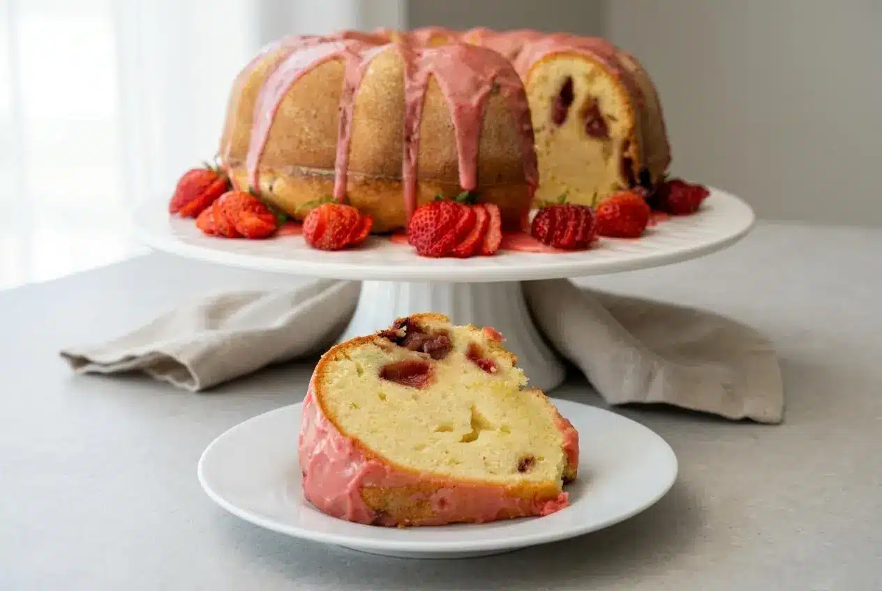 Strawberry Cream Cheese Pound Cake with a smooth pink glaze and deep golden baked edges.