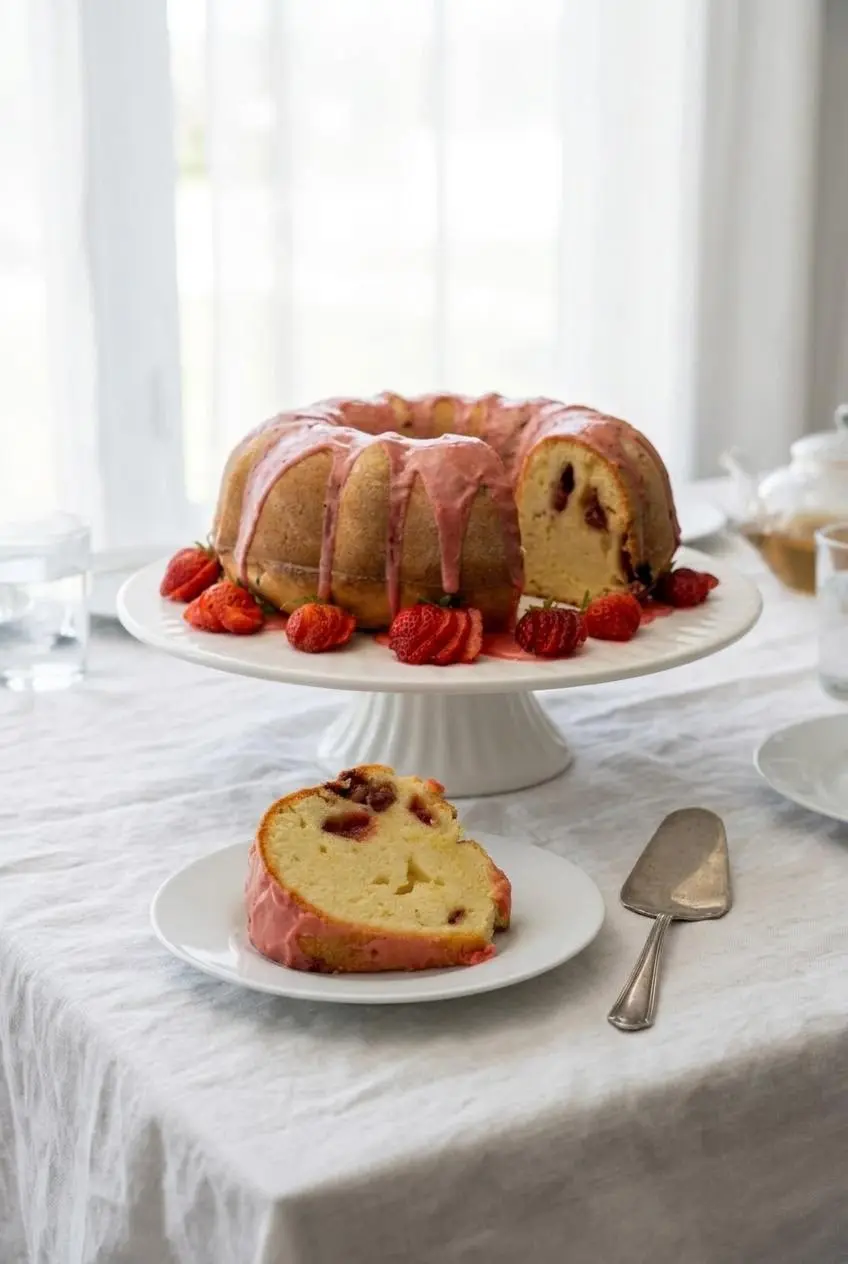 Whole glazed strawberry pound cake on a ceramic stand with one slice cut and served on a plate.