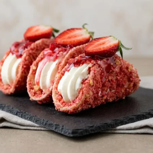 Three strawberry crunch cheesecake tacos filled with velvety cream cheese and topped with fresh strawberries.