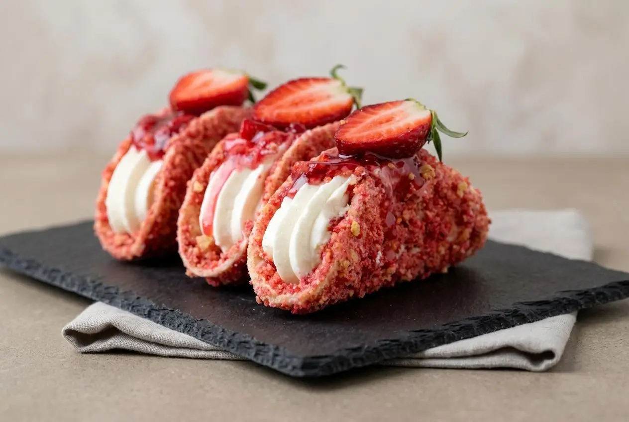 Three strawberry crunch cheesecake tacos filled with velvety cream cheese and topped with fresh strawberries.