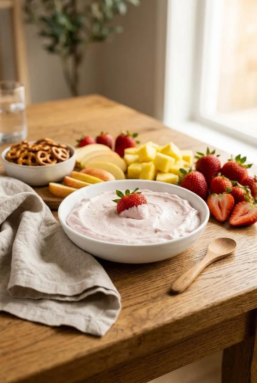 A bowl of strawberry fruit dip surrounded by strawberries, apple slices, pineapple chunks, and pretzels on a rustic table.