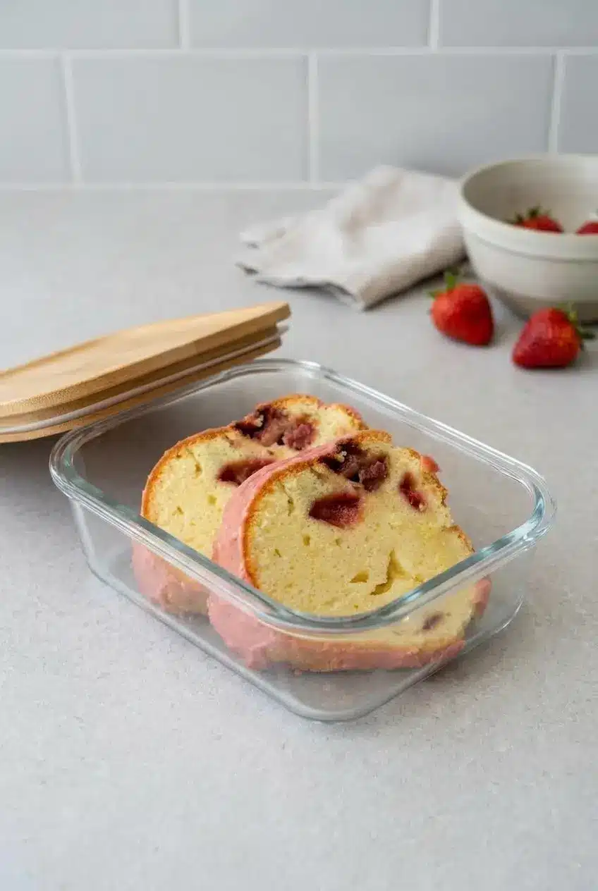 Two slices of strawberry pound cake stored inside a clear glass airtight container with a bamboo lid.