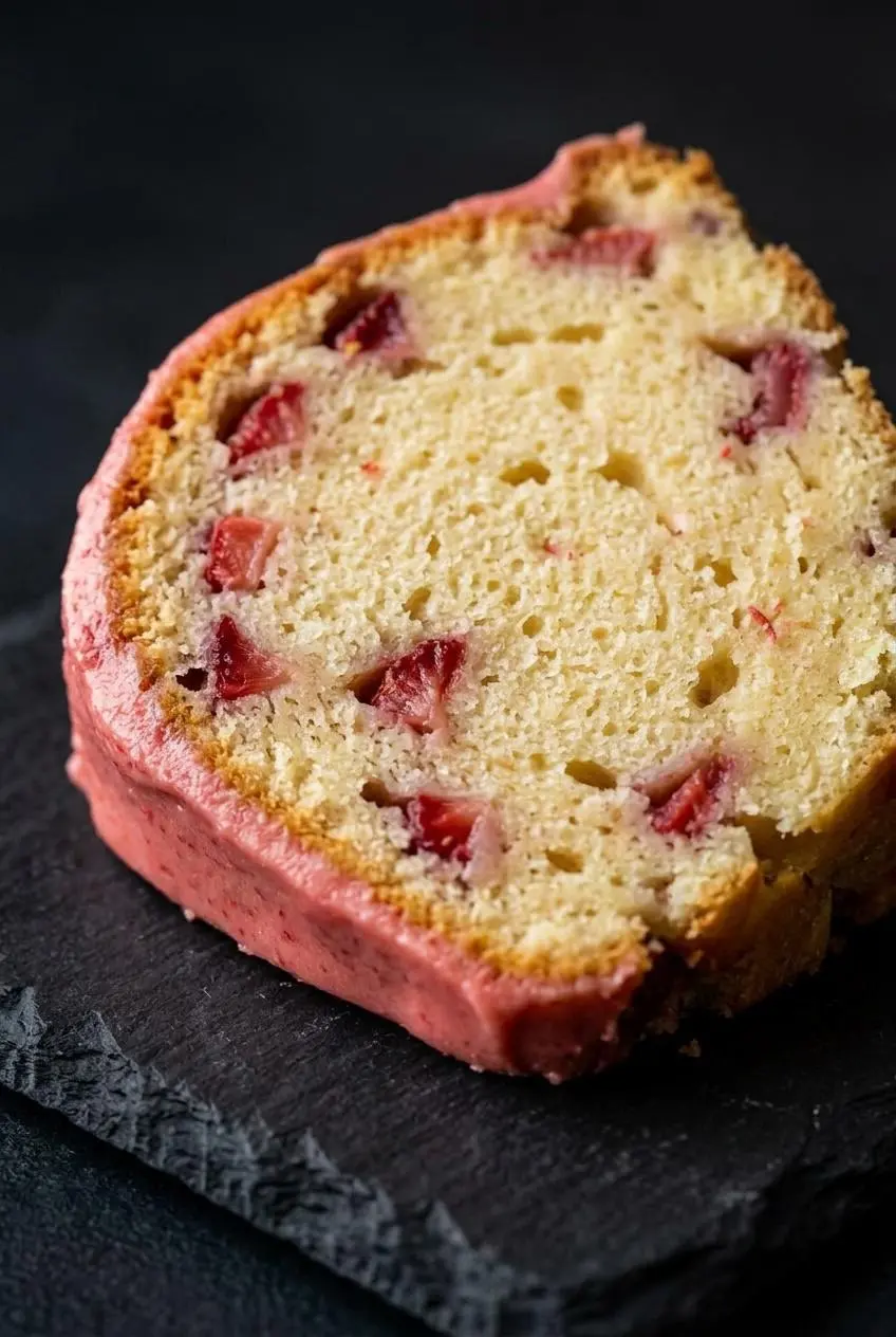 Close-up of a pound cake slice showing a dense, moist crumb with evenly distributed diced strawberries.