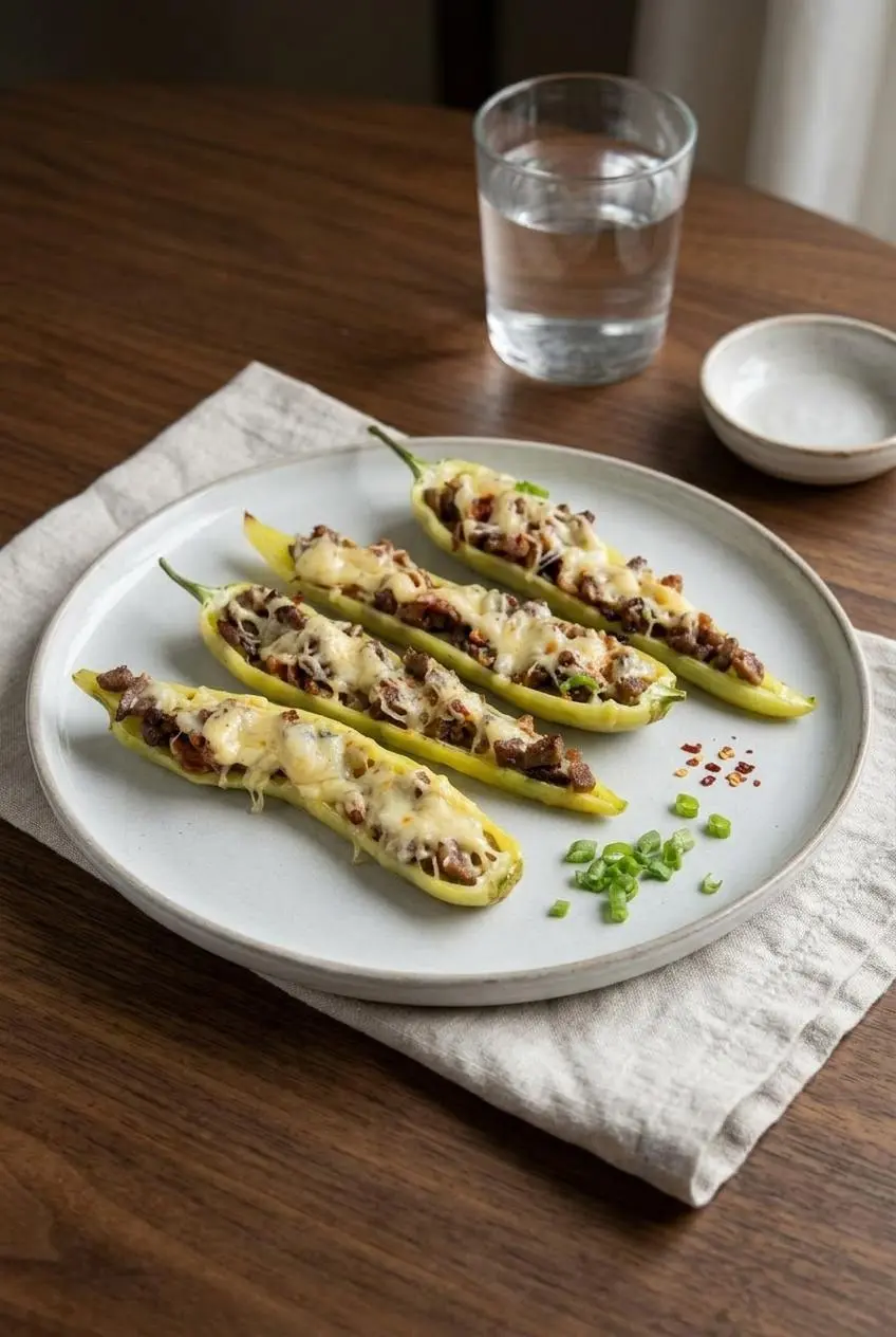Three stuffed banana peppers served on an off-white plate, garnished with sliced green onions and chili flakes.