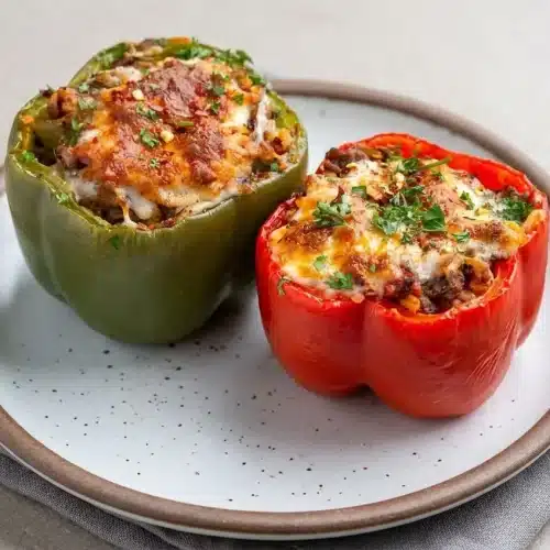 Baked stuffed peppers with savory ground beef, cooked rice, and bubbly melted cheese in a baking dish.