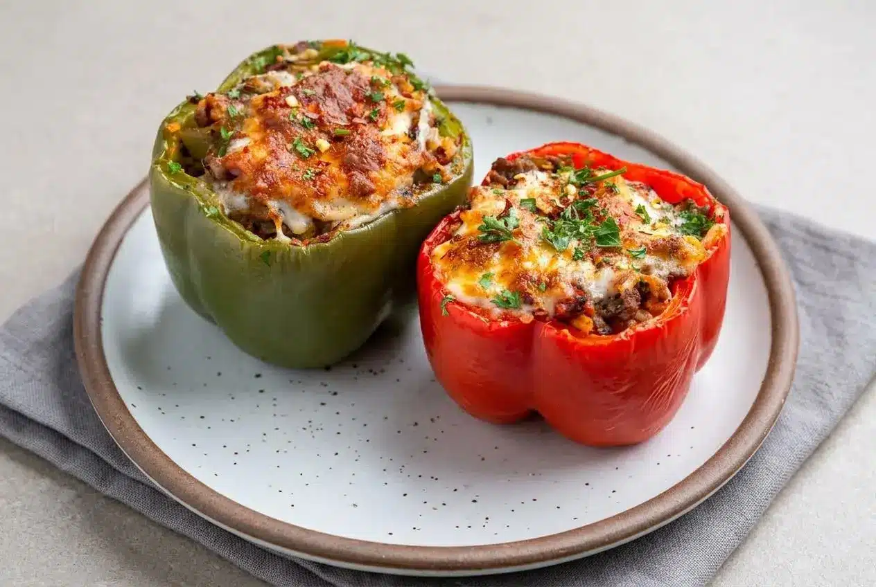 Baked stuffed peppers with savory ground beef, cooked rice, and bubbly melted cheese in a baking dish.