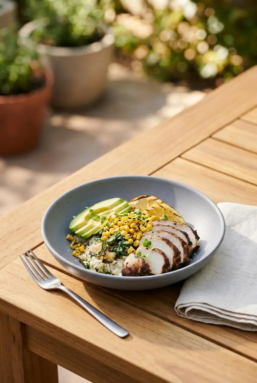 A vibrant summer rice bowl topped with sliced grilled chicken, fresh avocado, and charred corn on a bright outdoor table.