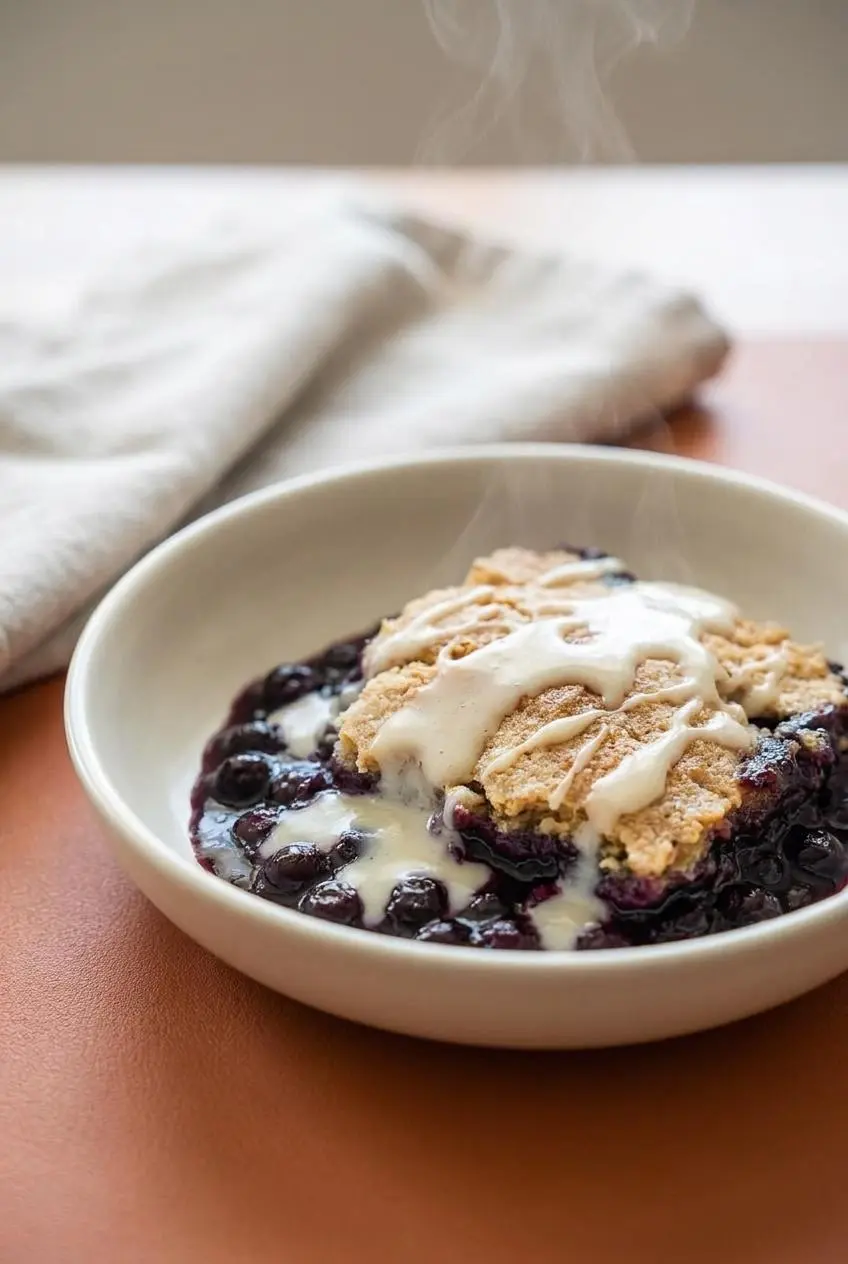 Slice of warm blueberry sonker served in a bowl with sweet milk glaze drizzled over the crust.