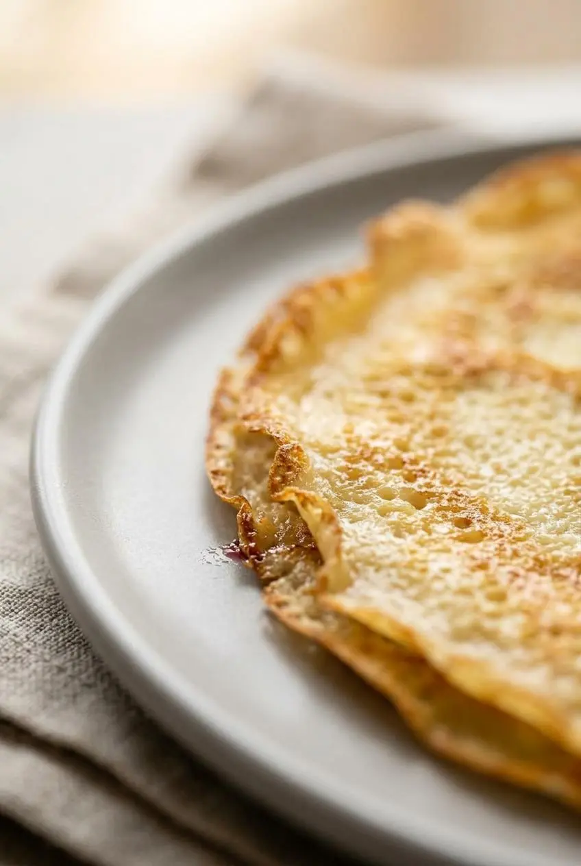 Close-up of a golden Swedish pancake on a grey plate, highlighting its paper-thin, caramelized lacy edge.