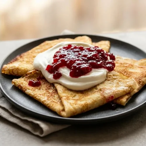 Golden-brown Swedish pancakes folded on a plate showing delicate lacy edges and a tender, buttery surface texture.