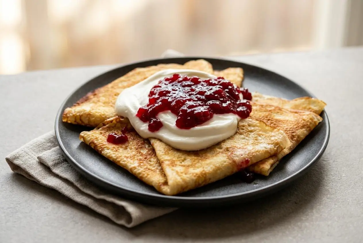 Golden-brown Swedish pancakes folded on a plate showing delicate lacy edges and a tender, buttery surface texture.