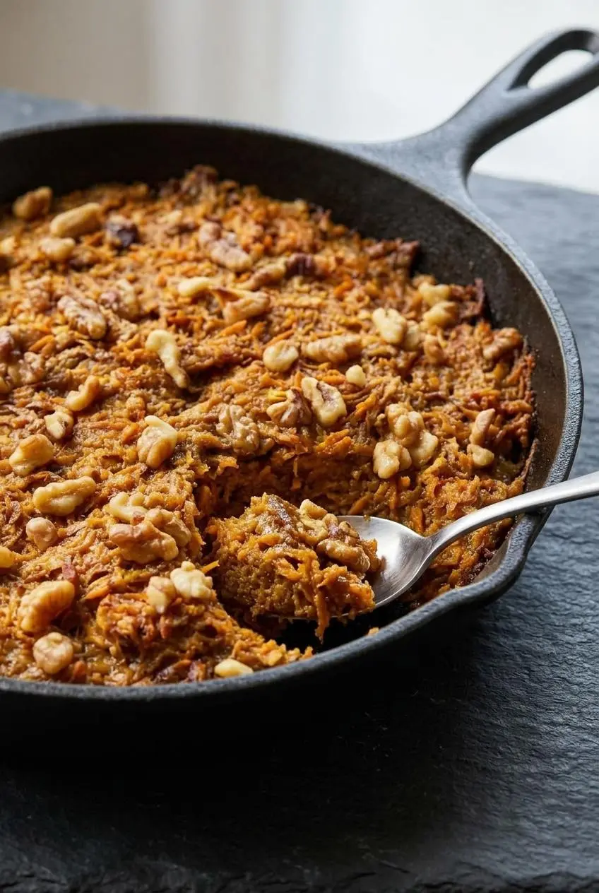 Close up of a spoonful of baked sweet potato pone revealing tender strands of grated potato and a sticky, moist crumb.