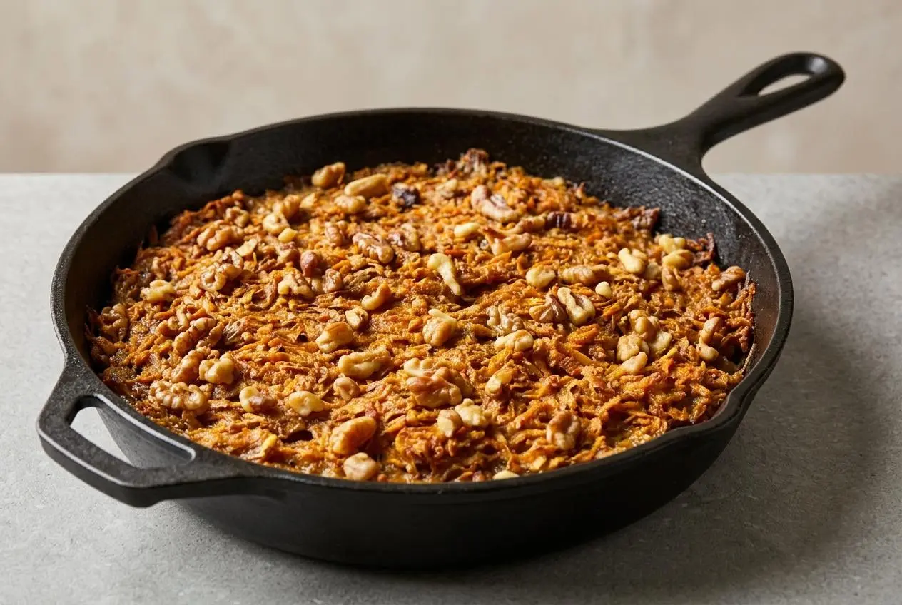 Freshly baked Sweet Potato Pone showing deeply caramelized edges and a dense, spiced pudding-like center.