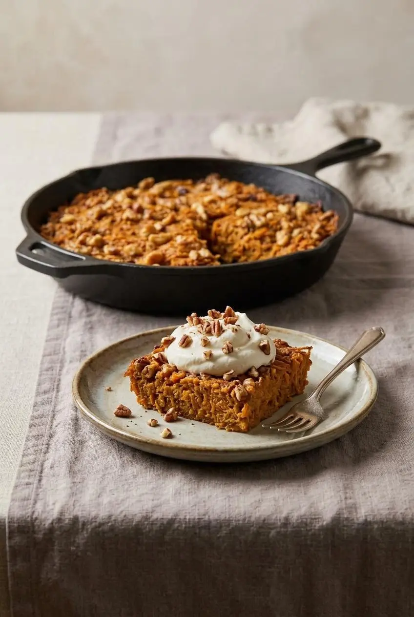 A slice of sweet potato pone topped with a dollop of whipped cream and chopped pecans on a ceramic plate.