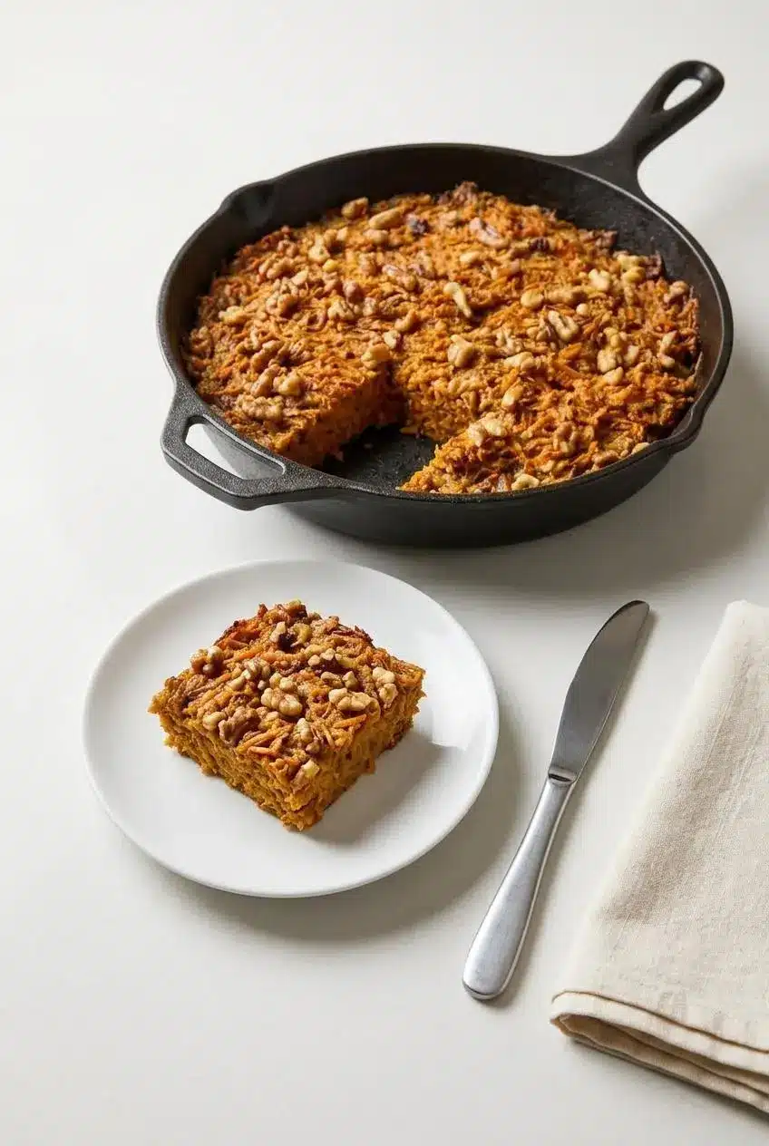 A perfectly sliced square of cooled sweet potato pone next to the original baking pan, showing its firm structure.
