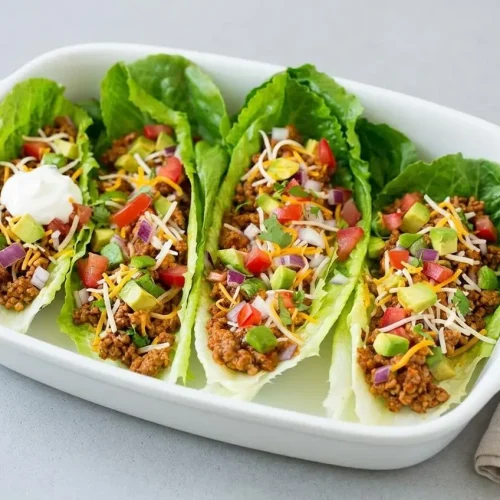 Crisp taco lettuce wraps filled with savory ground turkey and fresh diced toppings.