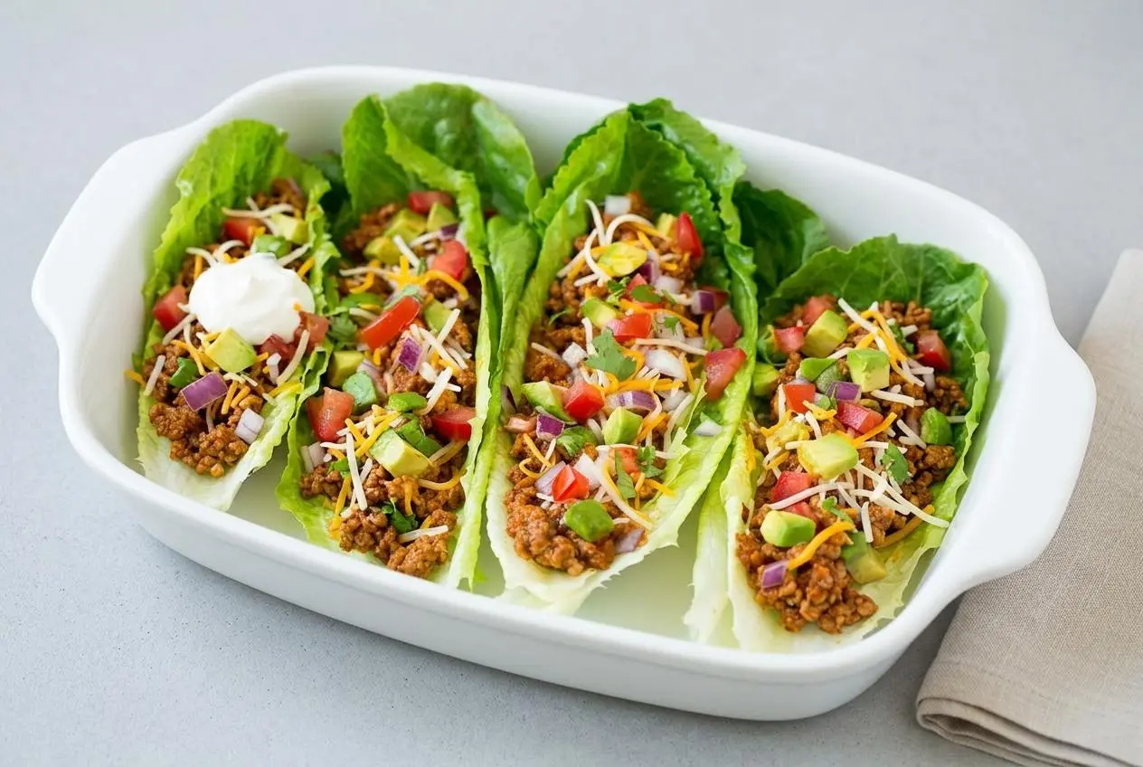 Crisp taco lettuce wraps filled with savory ground turkey and fresh diced toppings.