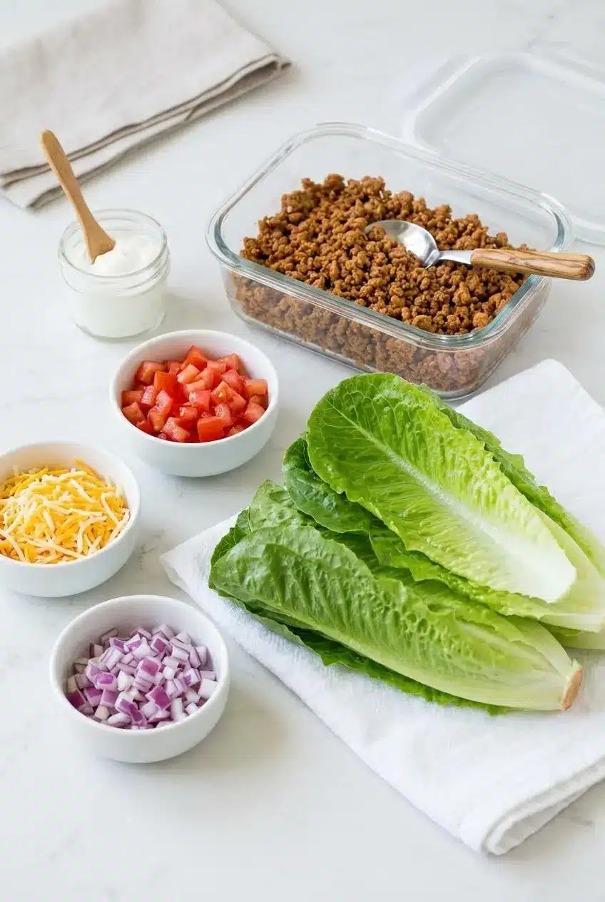 Cooled ground turkey taco meat in a glass storage container next to dry lettuce leaves on a towel.
