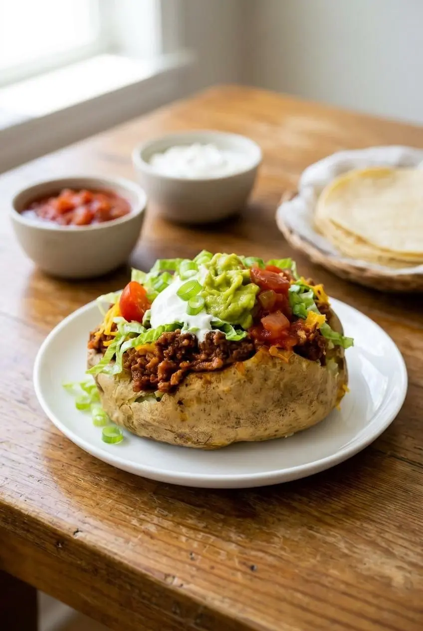 A fully loaded baked potato served on a wooden table alongside small prep bowls of extra salsa and sour cream.
