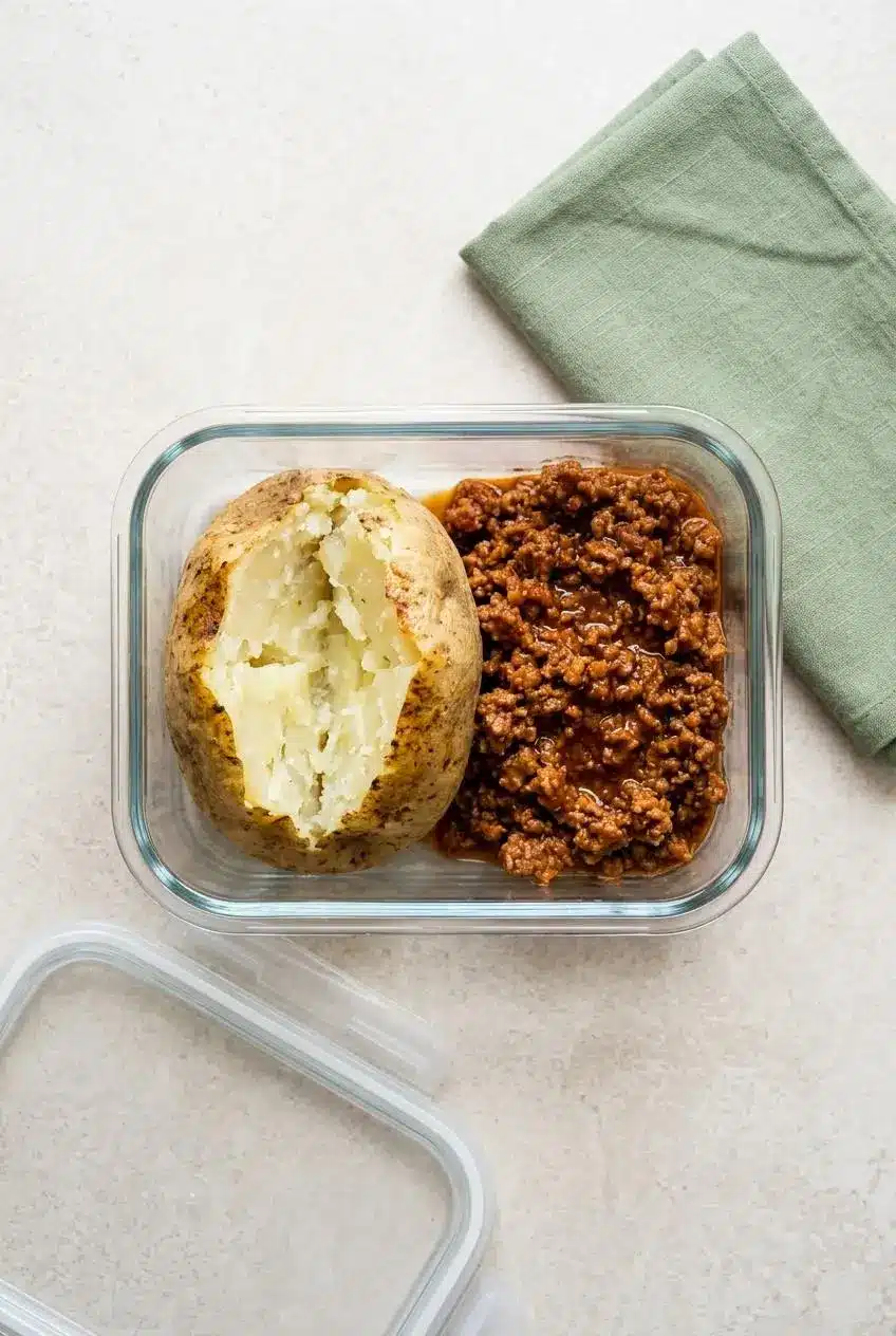 Cooked baked potato and seasoned ground beef stored side by side in a glass airtight container.
