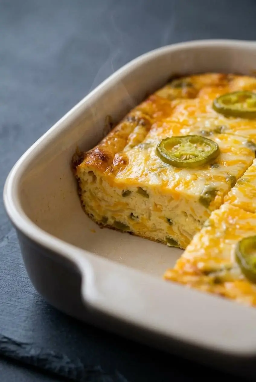 Close-up of a cut corner of baked Texas Fudge showing dense cheese and green chile interior