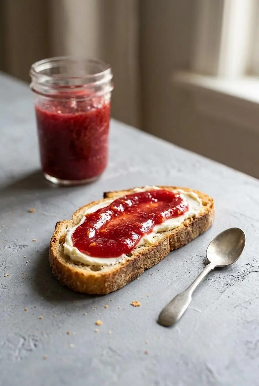 Toasted sourdough spread with cream cheese and topped with a glossy ribbon of thawed rhubarb jam on a grey table.
