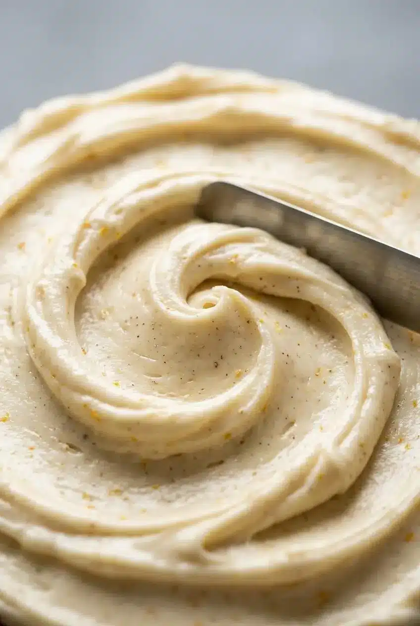 Close-up of thick, silky cream cheese frosting swirled with a spatula showing a glossy texture.