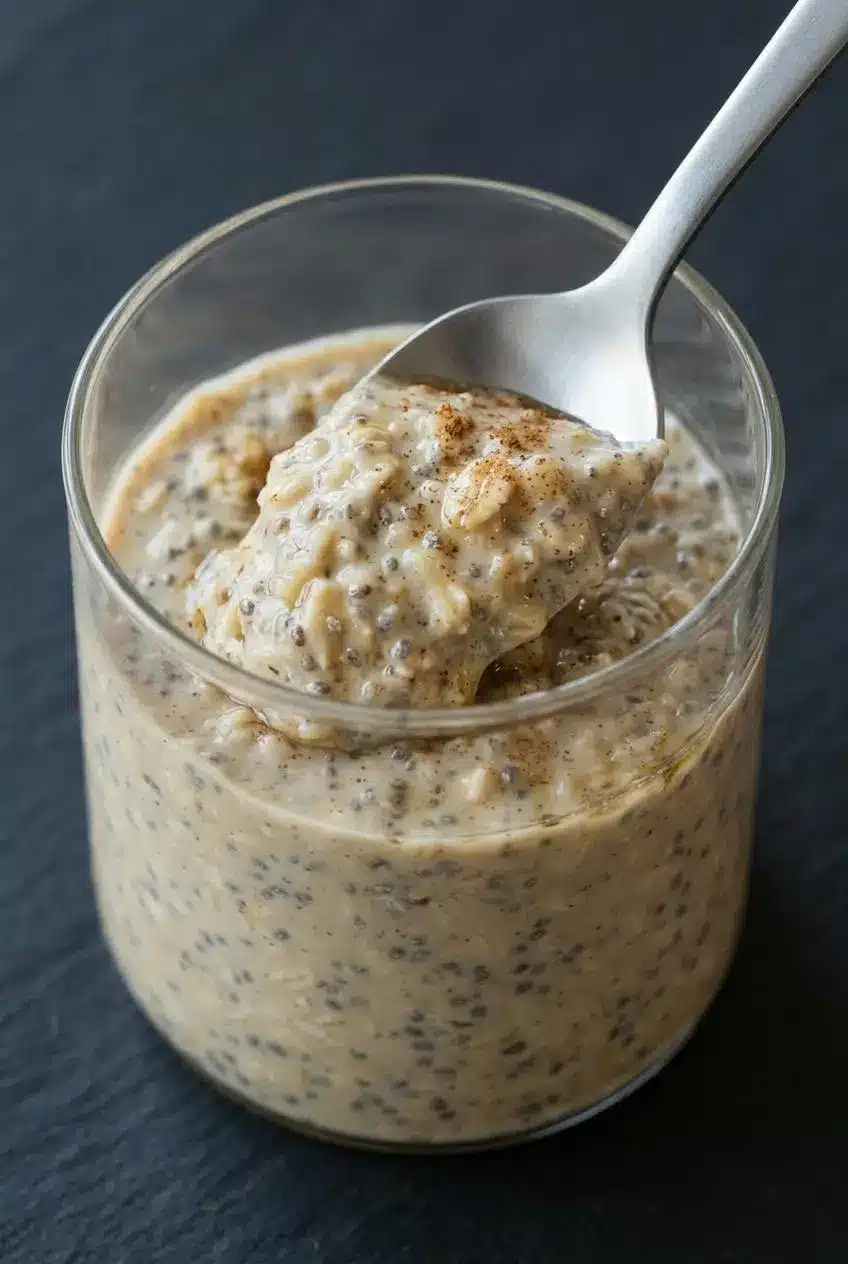 A silver spoon digging into thick, pudding-like overnight oats to reveal plump oats and chia seeds on a dark slate surface.