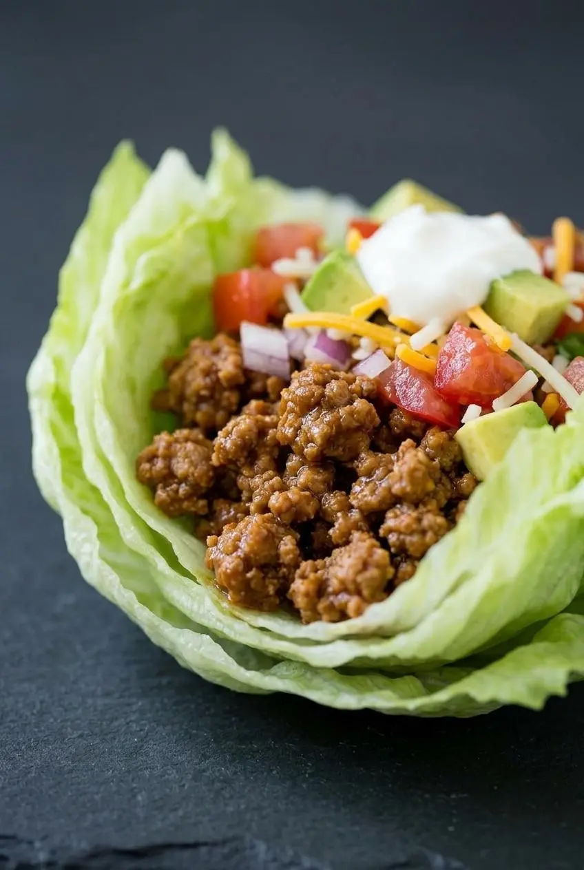 Macro view of thick turkey taco filling without watery runoff cradled in a double-layered iceberg lettuce cup.
