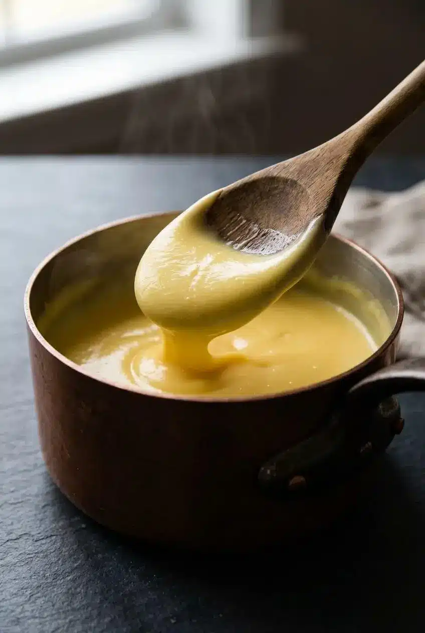 Thick vanilla custard coating the back of a wooden spoon over a copper saucepan.
