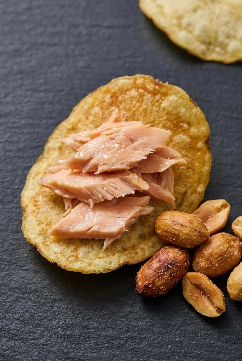 Close-up of a dill pickle potato chip topped with flaky smoked rainbow trout next to salted peanuts.