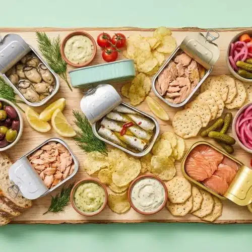 An assembled tinned fish charcuterie board featuring smoked seafood, sourdough toast, crunchy chips, and dips.