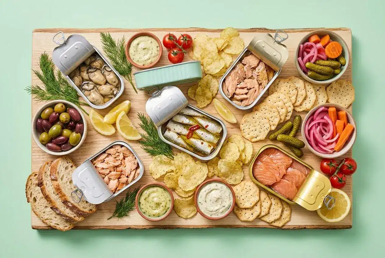 An assembled tinned fish charcuterie board featuring smoked seafood, sourdough toast, crunchy chips, and dips.
