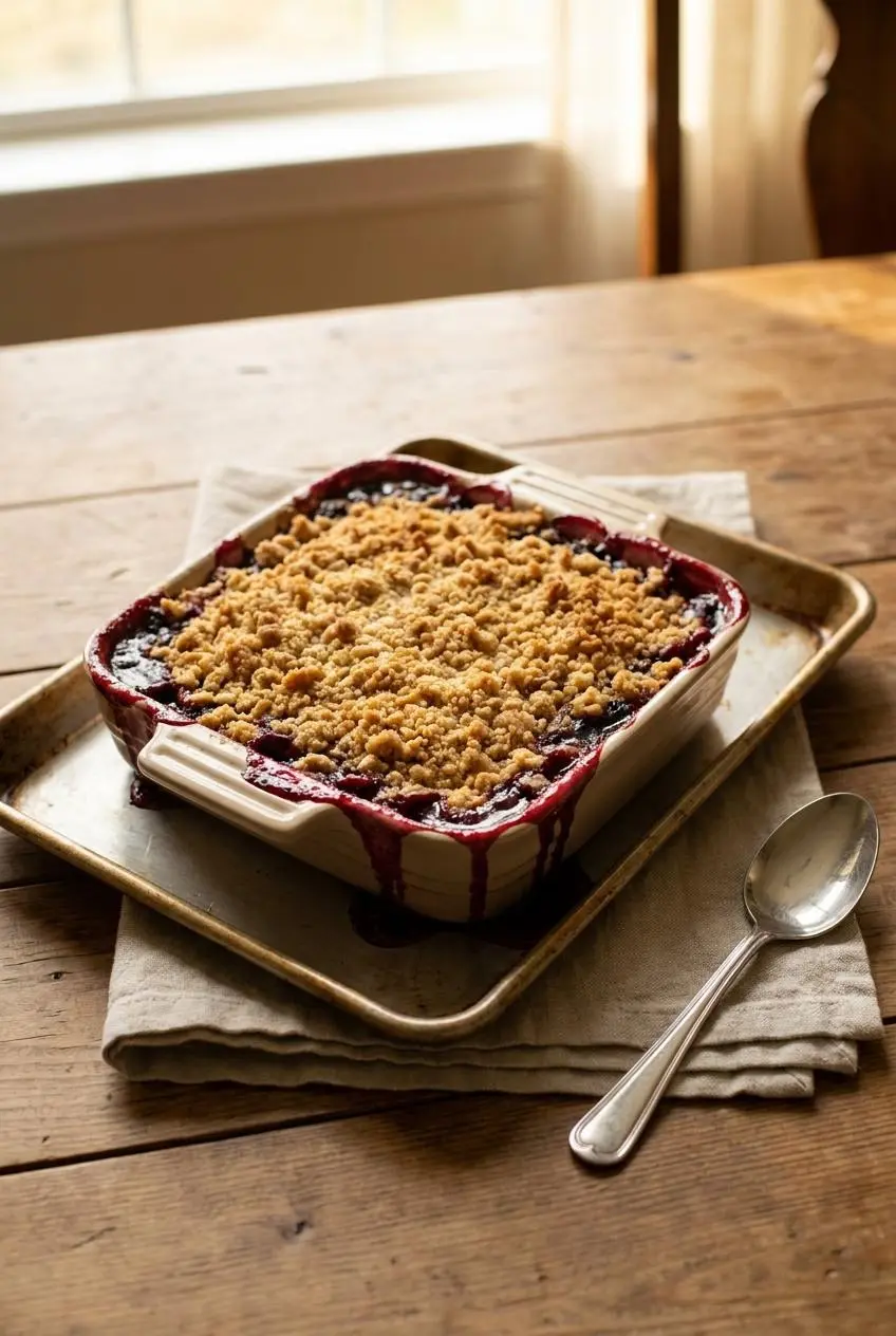 Freshly baked triple berry cobbler in a square dish resting on a metal baking sheet on a wooden table.