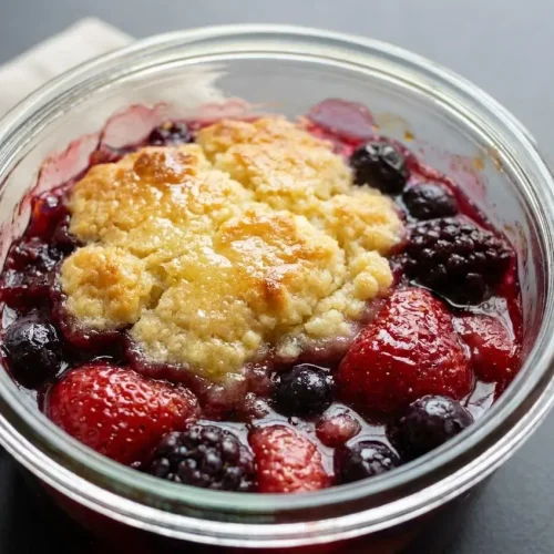 Triple berry cobbler with a golden buttery topping and bubbling baked berries in a square baking dish.