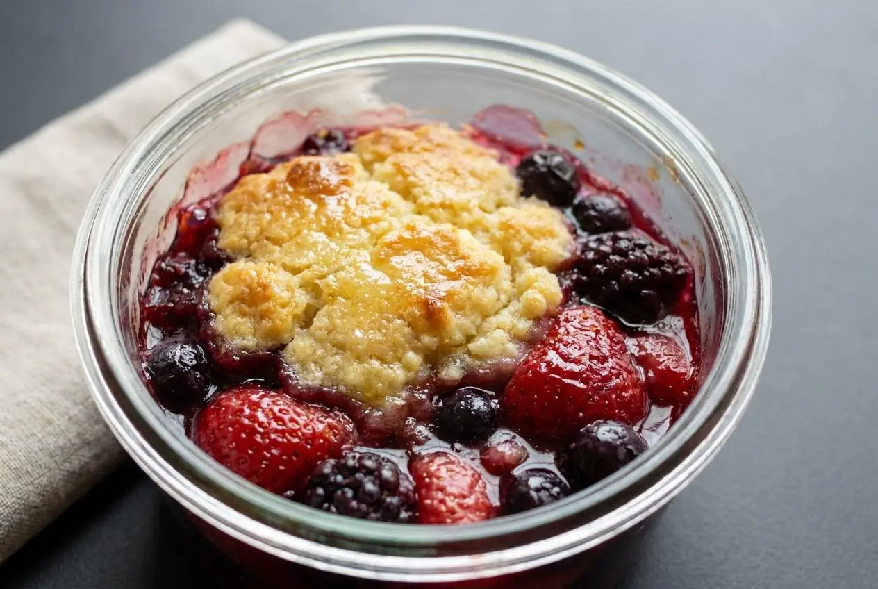Triple berry cobbler with a golden buttery topping and bubbling baked berries in a square baking dish.
