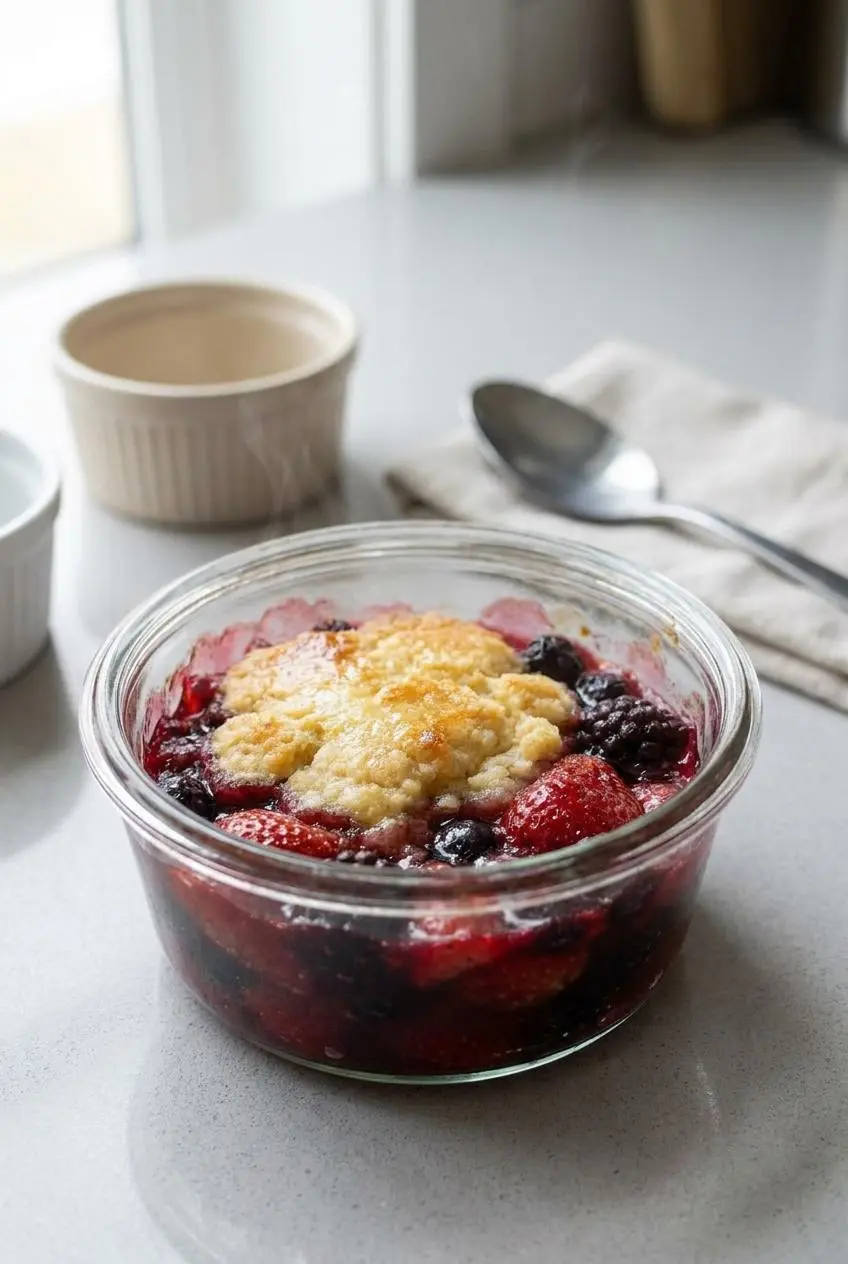 Scoop of warm triple berry cobbler stored in a clear glass container on a kitchen countertop.