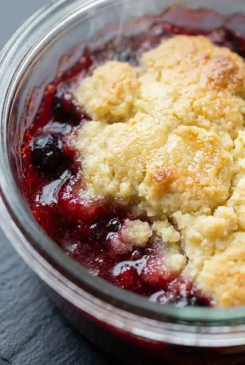 Close-up of golden crumbly cobbler topping next to bubbling strawberry, blueberry, and blackberry juices.