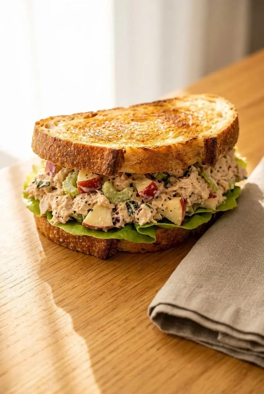 Tuna salad sandwich layered with crisp butter lettuce between toasted sourdough bread halves.