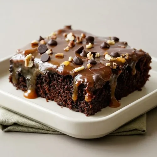 A slice of Turtle Texas Sheet Cake showing the moist chocolate crumb, glossy frosting, pecans, and caramel drizzle.