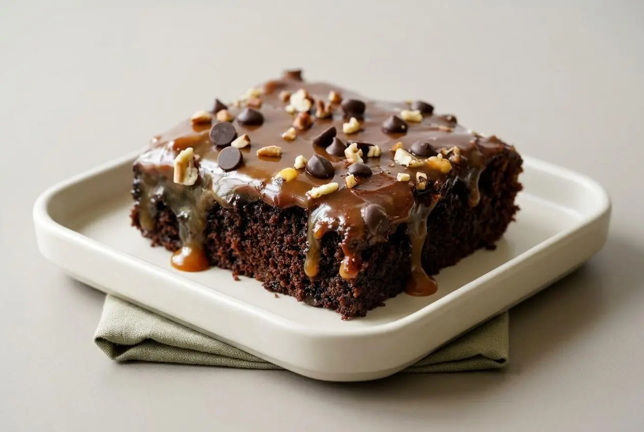 A slice of Turtle Texas Sheet Cake showing the moist chocolate crumb, glossy frosting, pecans, and caramel drizzle.