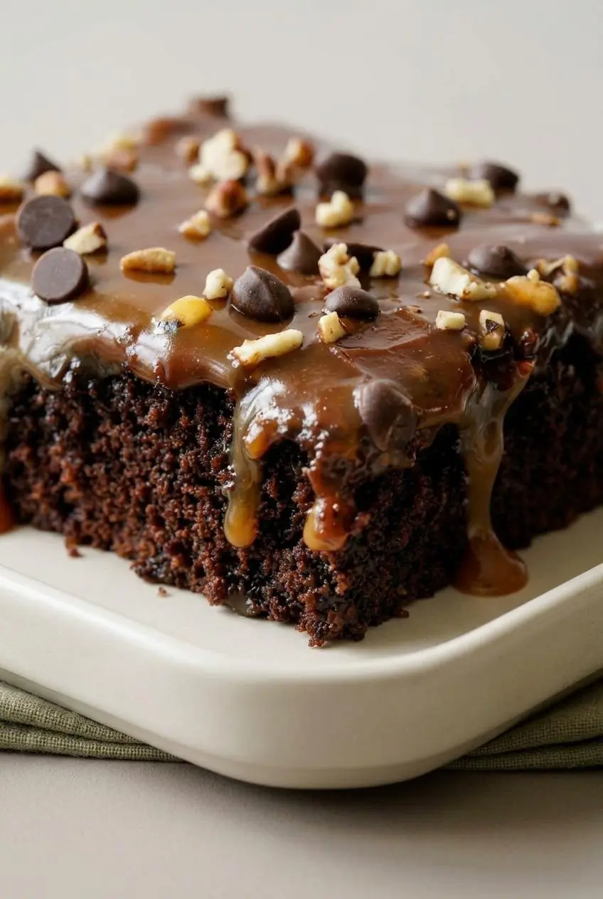 Ultra close-up of a cut square of chocolate sheet cake showing the soft crumb, melted chocolate chips, and gooey caramel.
