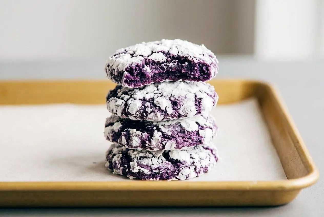 Baked ube crinkle cookies with a vibrant purple center and a snowy white confectioners sugar coating.