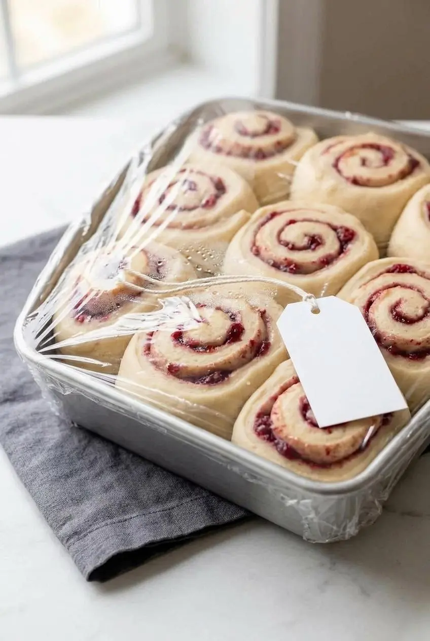 Unbaked, puffed raspberry sweet rolls arranged tightly in a baking pan, ready for the oven or fridge.