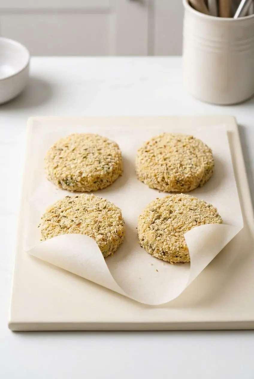 Four uncooked breaded mackerel fish cakes arranged neatly on pale kitchen parchment paper.