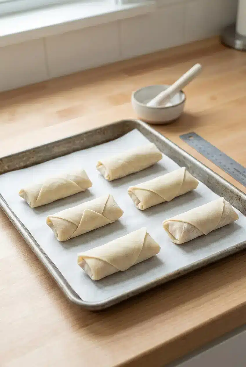 Uncooked assembled peach cobbler egg rolls arranged in a single layer on a parchment-lined baking sheet.
